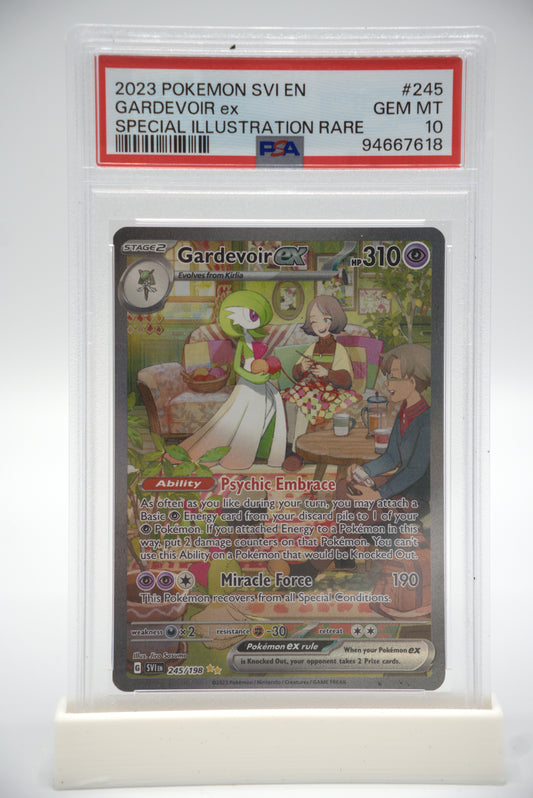 Pokémon trading card in a protective case on a white background