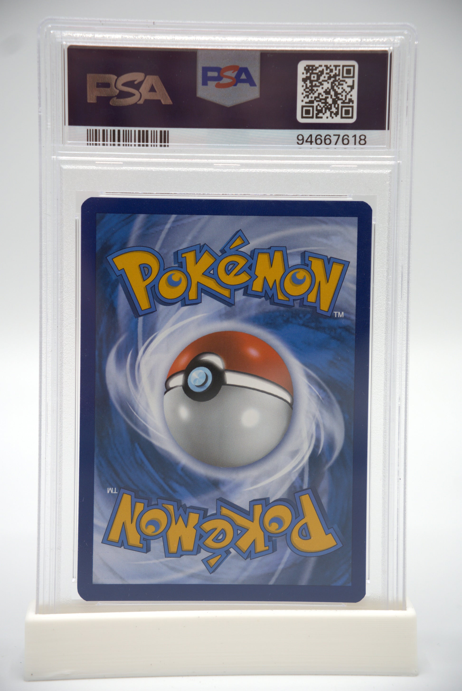 Pokémon trading card in protective packaging with FSA certification label.