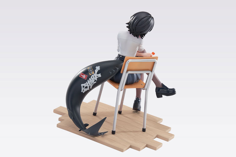 Figurine of Ellen Joe from the Gacha game, Zenless Zone Zero sitting on a school chair in her school uniform